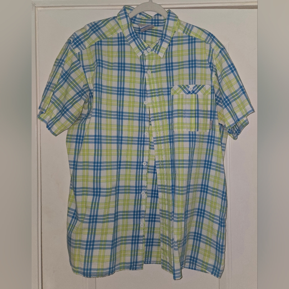 Columbia Men's Blue and Green Plaid Short Sleeve Button Down Shirt XL